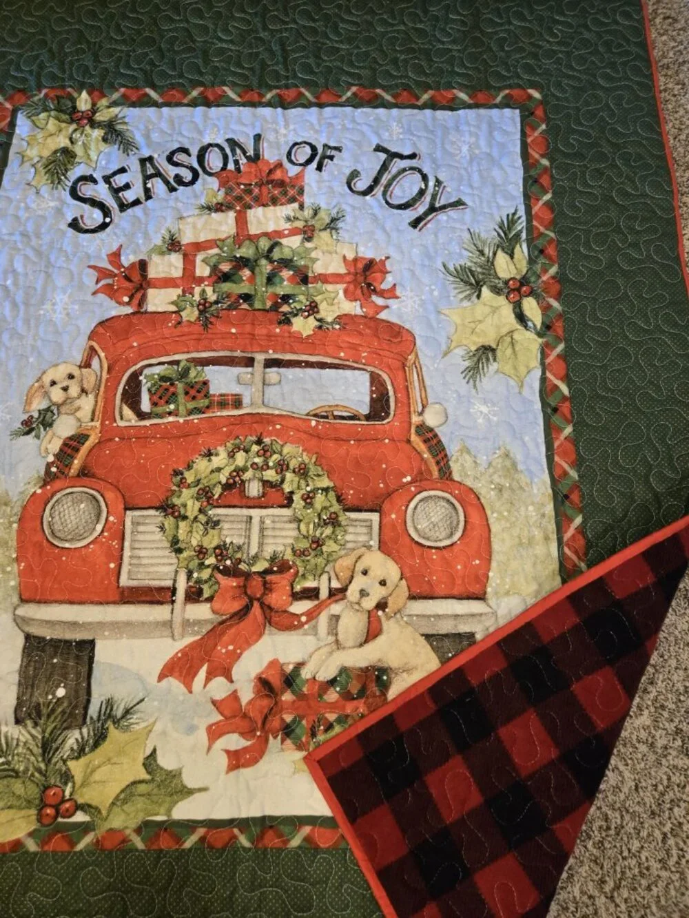 Handmade Christmas Red Truck Christmas Quilt Fleece backing / Season of Joy